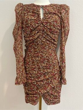 Bardot Ruched Ditsy Floral Mini Dress Puff Long Sleeve Brown US 4 NWT